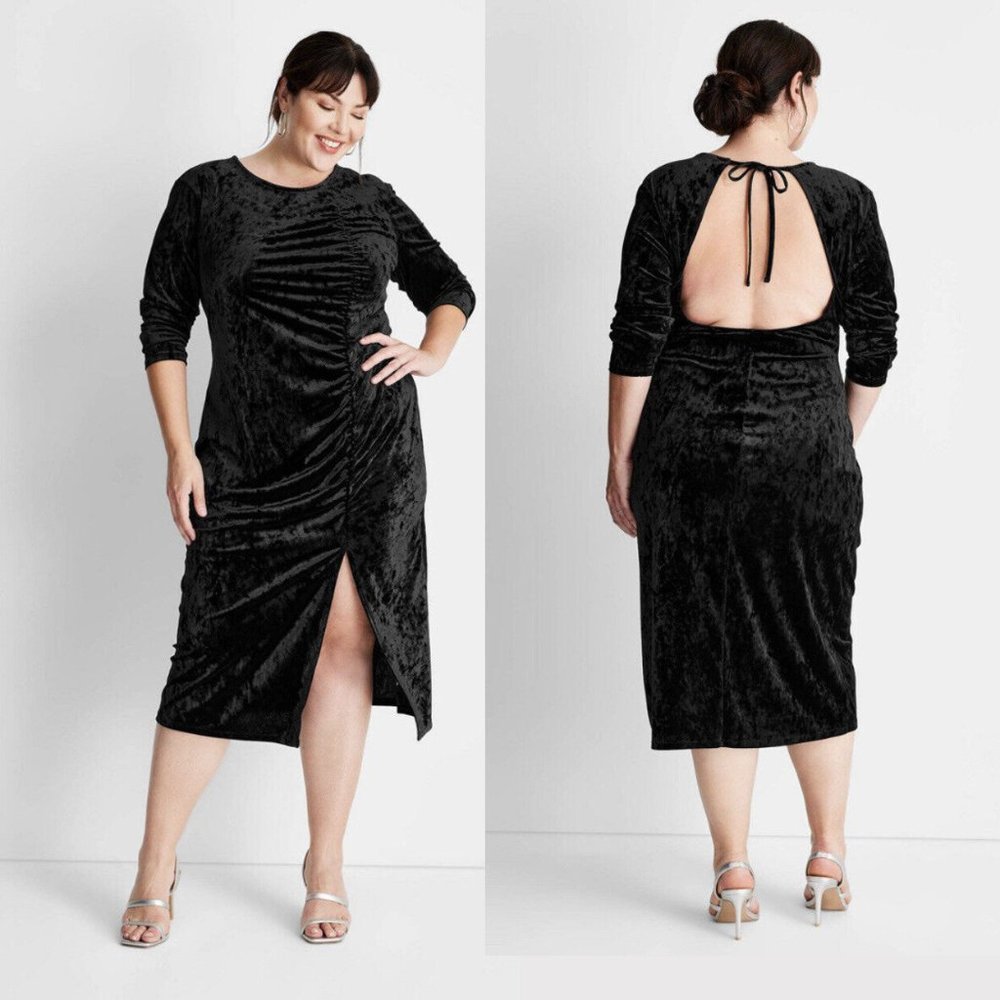 Women's Plus Size 2X Black Velvet Ruched Open Back A-line Dress